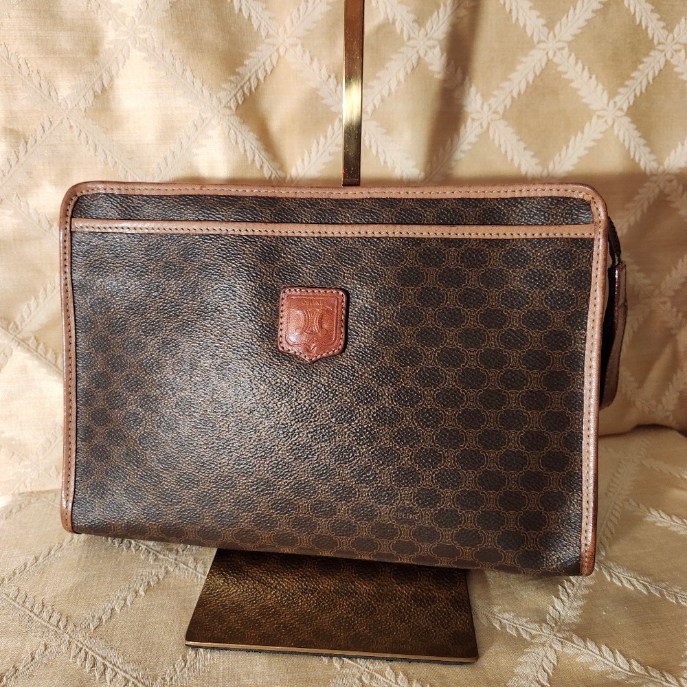 Authentic Celine Brown Macadam Canvas Clutch Bag